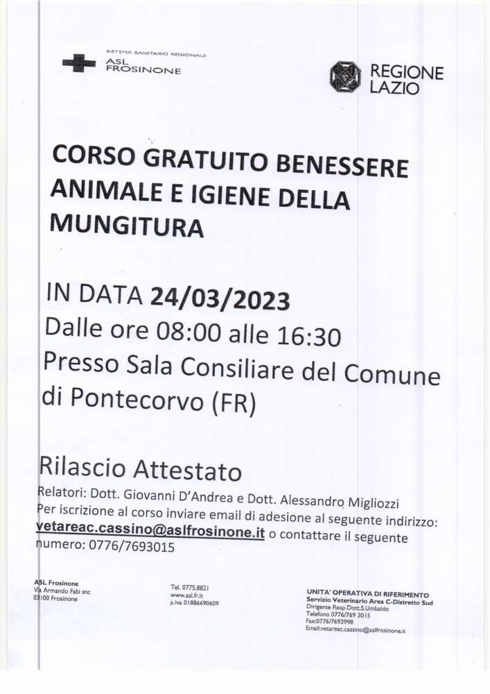 Corso gratuito benessere animnale e igiene della mungitura