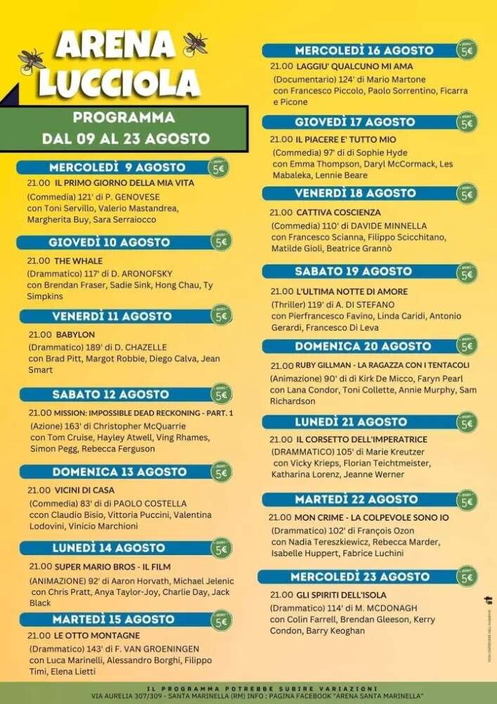 Programmazione all'Arena Lucciola