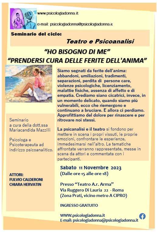 Seminario Teatro e Psicoanalisi: "Ho bisogno di me, prendersi cura delle ferite dell'anima"