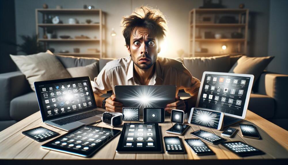 Image of a person surrounded by digital devices, looking overwhelmed