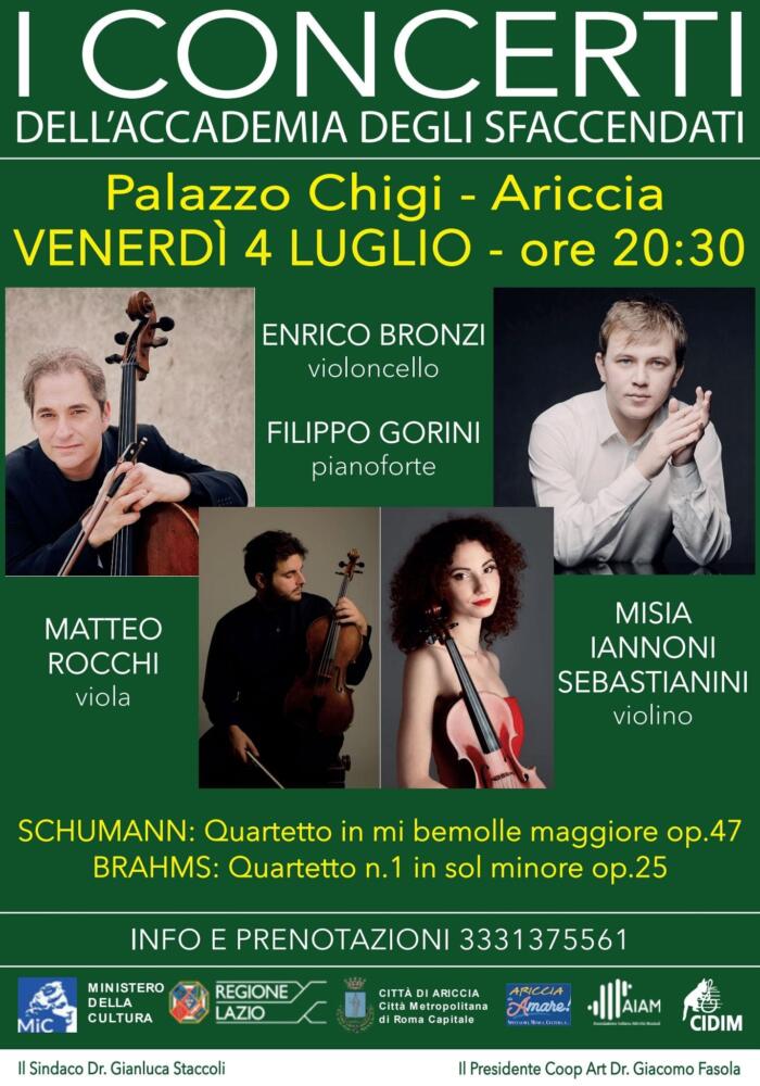 Un Quartetto di eccellenti concertisti per Schumann e Brahms al Palazzo Chigi di Ariccia